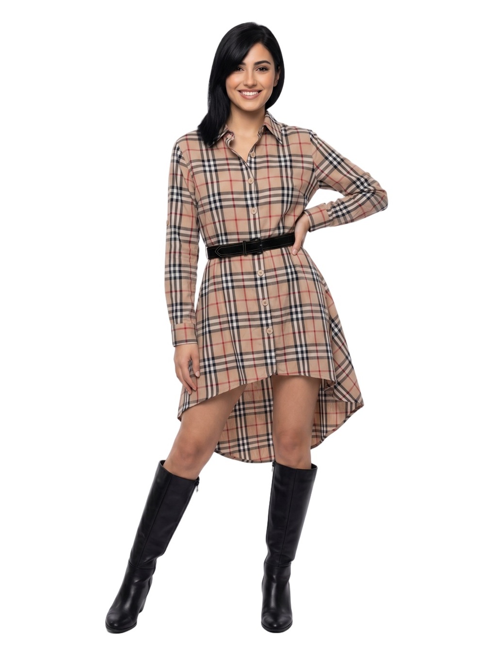 BIUBIU Tan Black Plaid Button Down HiLow Tunic Shirt Long Sleeve Collar Preppy